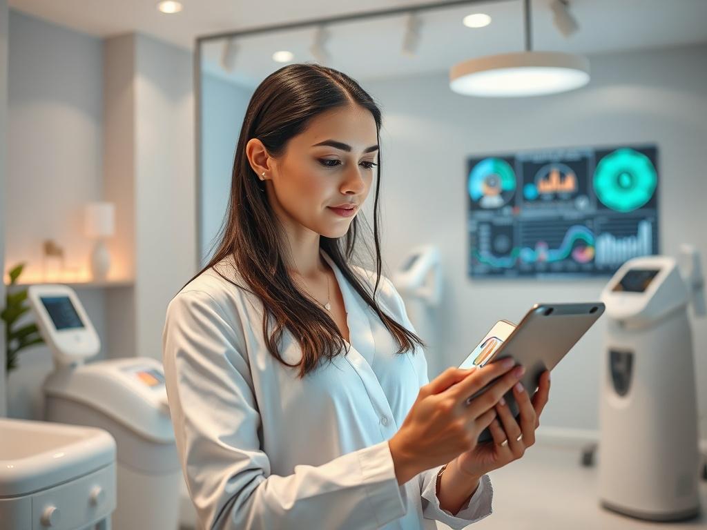 **AI Image Generation Prompt:**

Create a realistic high-resolution photo that captures the essence of "Structural Insight: Understanding the Evolving Landscape of Beauty Technology." The composition should feature a single subject: a mid-30s female aesthetic practitioner, with natural features and an approachable demeanor, standing confidently in a modern med-spa clinic. She should be looking thoughtfully at a sleek, tablet device displaying colorful data charts related to beauty technology and client anal