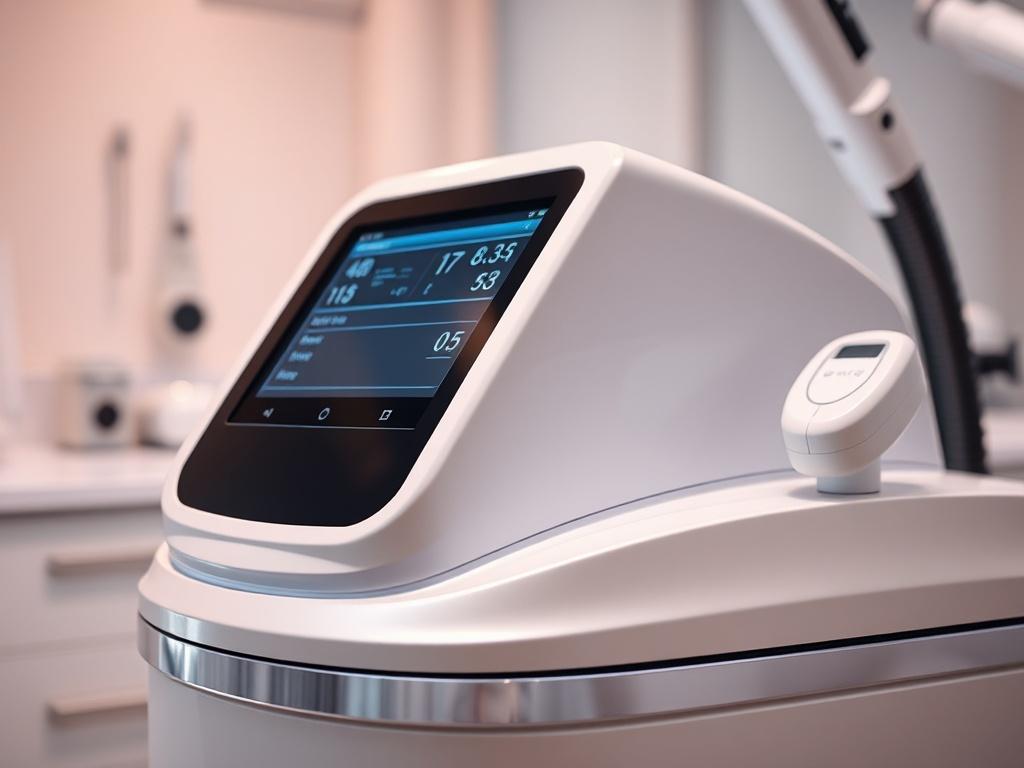 A hyper-realistic close-up shot of advanced aesthetic equipment, showcasing sleek design and modern technology. The equipment should be the focal point against a softly blurred clinical background, emphasizing its high-quality features. The image should capture the sophisticated essence of the equipment while reflecting a warm color palette, using a gentle light to enhance the details.
