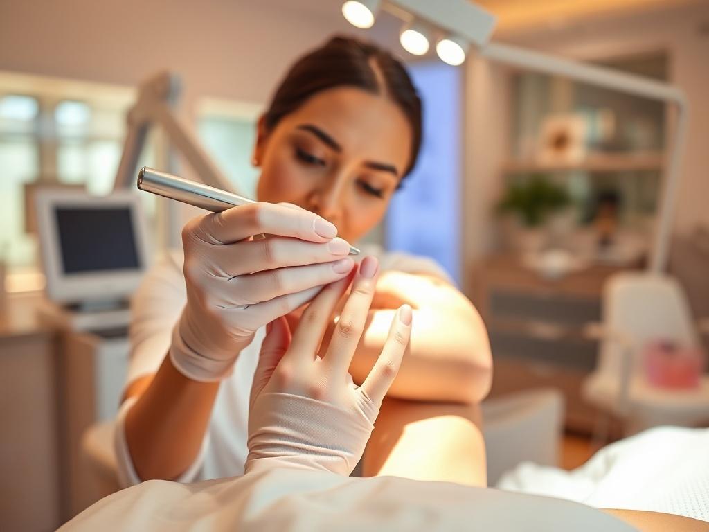 A close-up shot of a confident aesthetician demonstrating a skin treatment in a bright and inviting med-spa environment. The focus is on the aesthetician's hands performing a procedure, with high-quality equipment in the background. The lighting is warm and inviting, capturing the essence of a professional yet comforting atmosphere. The color scheme includes soft pastels with accents of rgb(193, 153, 87) to reflect the brand's identity.