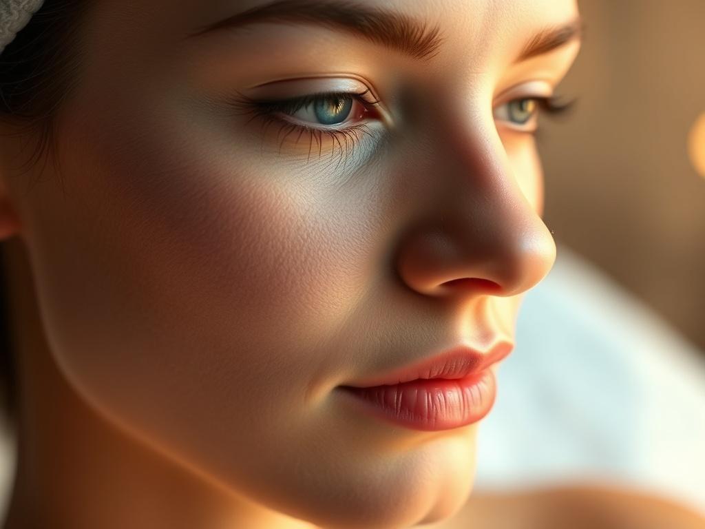 A close-up shot of a woman's skin undergoing radiofrequency (RF) skin tightening treatment, showcasing the smooth and firm texture of her skin. The background should be softly blurred, emphasizing the skin's quality and the advanced technology of the RF device used. The lighting should create a warm and inviting atmosphere, highlighting the transformation and rejuvenation of the skin.