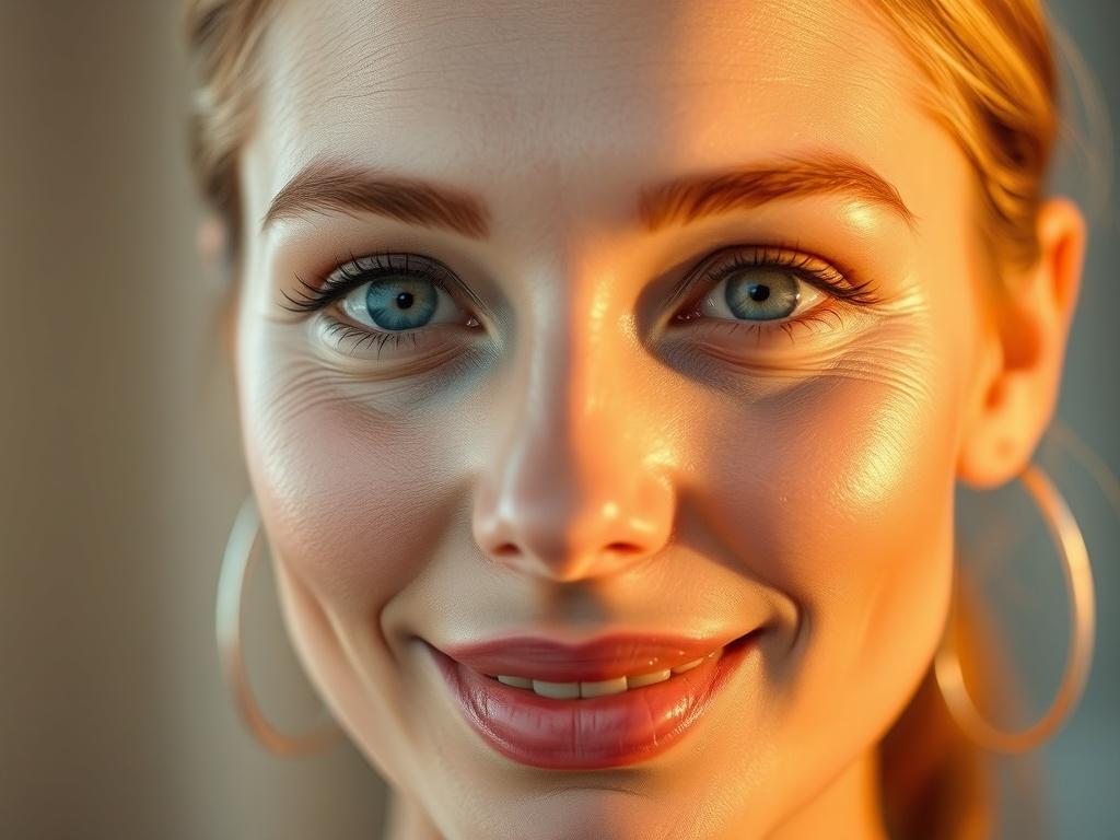 A hyper-realistic close-up shot of a woman with glowing, rejuvenated skin after a laser treatment. The focus should be on her radiant face, showcasing clear texture without blemishes, pigmentation, or redness. The background should be soft and blurred, emphasizing the subject's healthy and bright complexion. Capture the essence of confidence and beauty, with warm lighting that enhances the skin tone, compatible with an rgb(193, 153, 87) primary color theme.