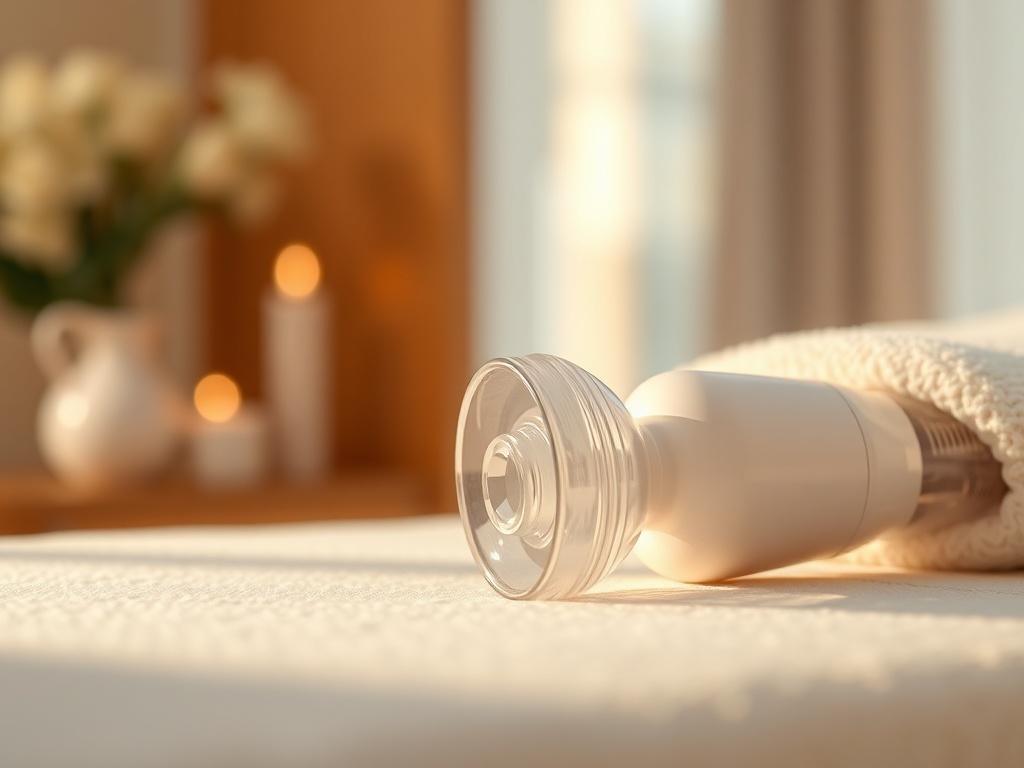 A hyper-realistic close-up shot of the Suction Cryolipolysis (Vacuum Applicator) on a clean, soft surface. The applicator should be shown in detail, highlighting its vacuum cup feature. The background should be softly blurred to emphasize the product, with warm, natural lighting enhancing the texture and quality of the applicator. The image should evoke a sense of professional beauty treatment atmosphere.