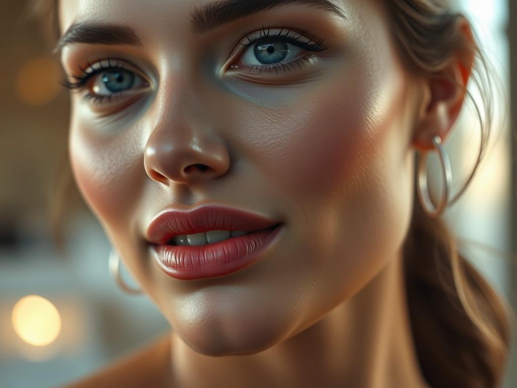 A hyper-realistic close-up shot of a model showcasing full, voluminous lips and well-defined cheekbones, highlighting the effects of dermal fillers. The model should have a soft, natural makeup look, emphasizing her youthful glow. The background should be softly blurred to keep the focus on her facial features, with warm, inviting lighting to enhance the skin tone. The image should reflect an atmosphere of beauty and confidence.
