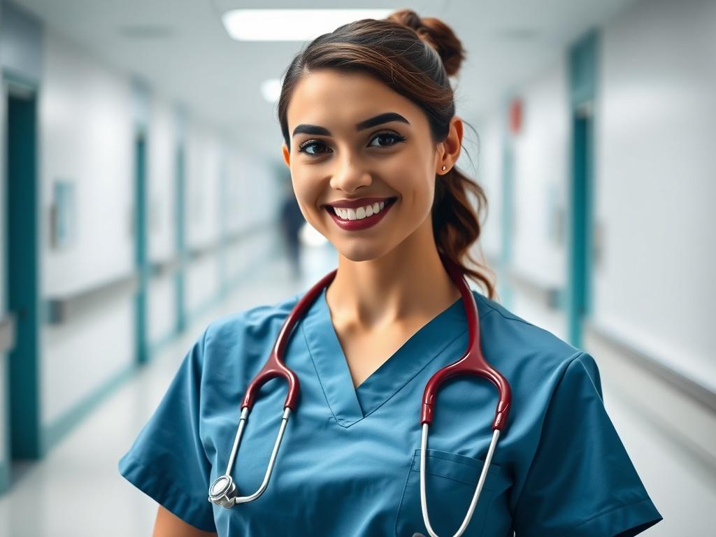 A close-up shot of a nurse in scrubs, confidently displaying her nursing credentials and a stethoscope around her neck. The nurse is smiling, standing in a well-lit hospital corridor, with soft focus on the background to emphasize her expression and attire. The image should reflect professionalism and warmth, with a color palette that incorporates the primary color rgb(193, 153, 87).