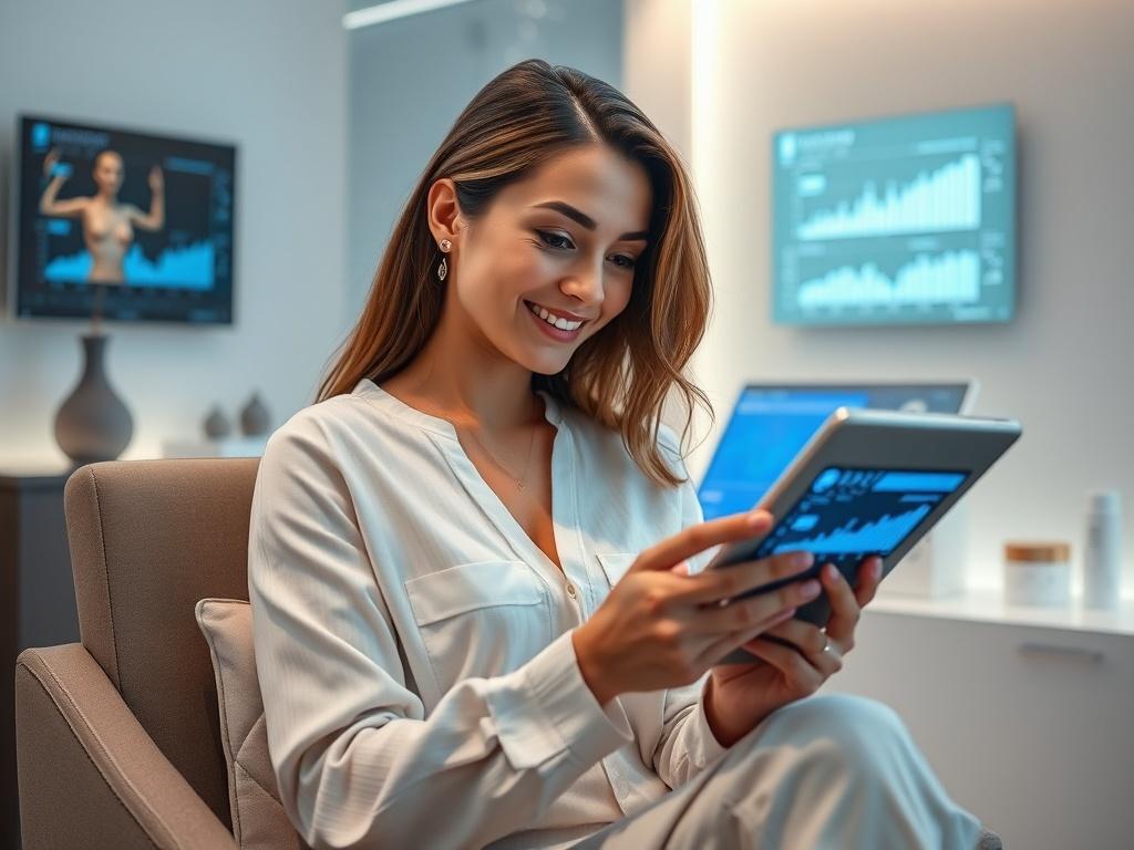 **AI Image Generation Prompt:**

Create a realistic high-resolution photo that captures the essence of the beauty industry revolutionized by AI technology. The image should feature a single, focused subject: a modern, confident female client in a sleek med-spa environment. She is seated comfortably in a stylish consultation area, engaging with a sophisticated digital display or tablet that visualizes her personalized skincare data and treatment plan. Her expression should convey a sense of satisfaction and 