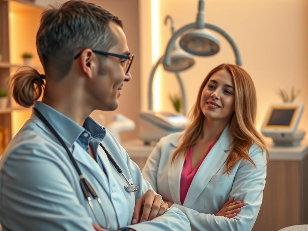 A realistic high-resolution image of a confident med-spa professional discussing growth strategies with a client in a modern aesthetic clinic. The scene captures a close-up view of a relaxed atmosphere, showcasing advanced aesthetic equipment in the background. The med-spa professional is dressed in professional attire, exuding confidence and approachability. The lighting is warm and inviting, highlighting the details of the clinic's interior design, which features calming colors and modern decor.