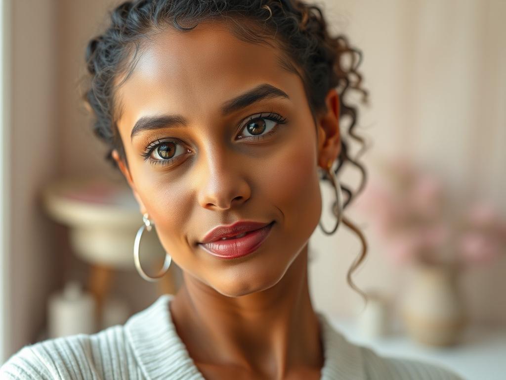 **AI Image Generation Prompt:**

Create a realistic high-resolution photo reflecting the theme of "The Evolving World of Beauty." The composition should feature a single subject: a confident, diverse woman in her 30s or 40s with radiant skin, striking a thoughtful pose while gazing softly towards the camera. The background should be a serene and softly blurred setting that evokes a sense of warmth and tranquility, hinting at a med-spa environment with gentle pastel colors to complement the subject’s feature