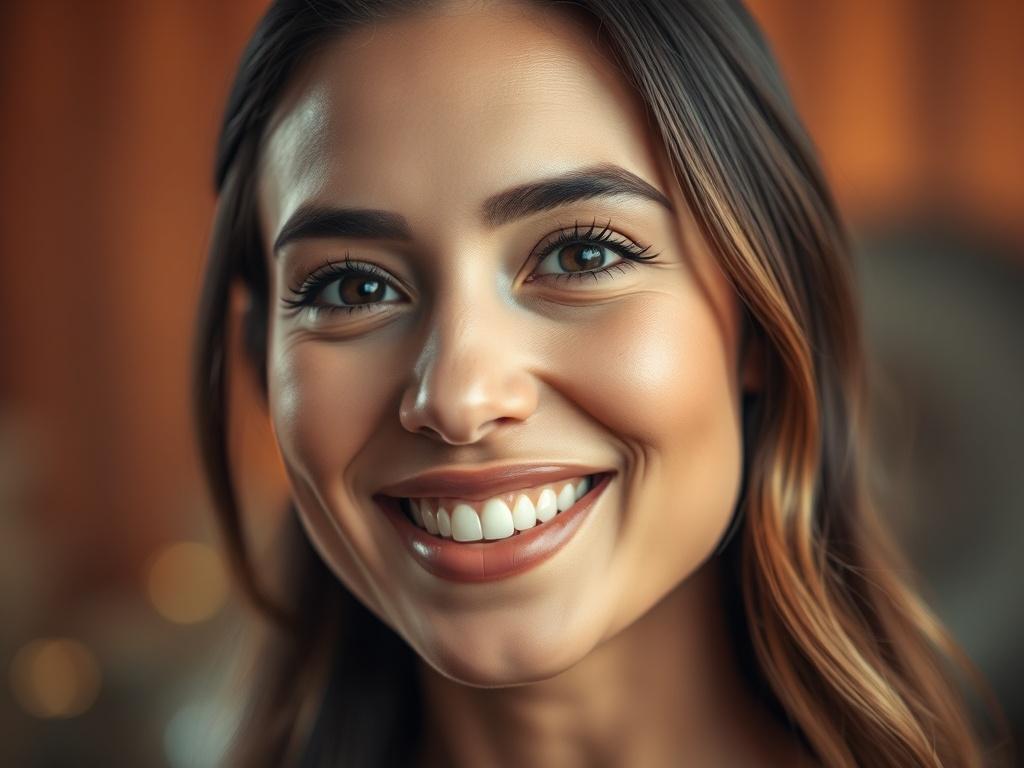A hyper-realistic close-up shot of a smiling woman with glowing skin, showcasing her natural beauty and confidence. The background is softly blurred, featuring warm tones that complement the rgb(193, 153, 87) primary color. The focus is on her face, emphasizing her bright eyes and radiant smile, highlighting the positive impact of aesthetic treatments.