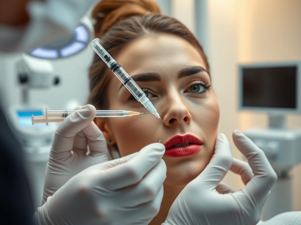 A close-up shot of a professional aesthetician demonstrating advanced injectables training on a model's face in a clinical setting. The aesthetician is focused and precise, holding a syringe with a gentle, expert touch. The background features a clean, modern training room with medical equipment subtly visible. The lighting is bright and inviting, emphasizing the professional ambiance. The image should be rendered in hyper-realistic detail, showcasing the skill and professionalism of the training environmen