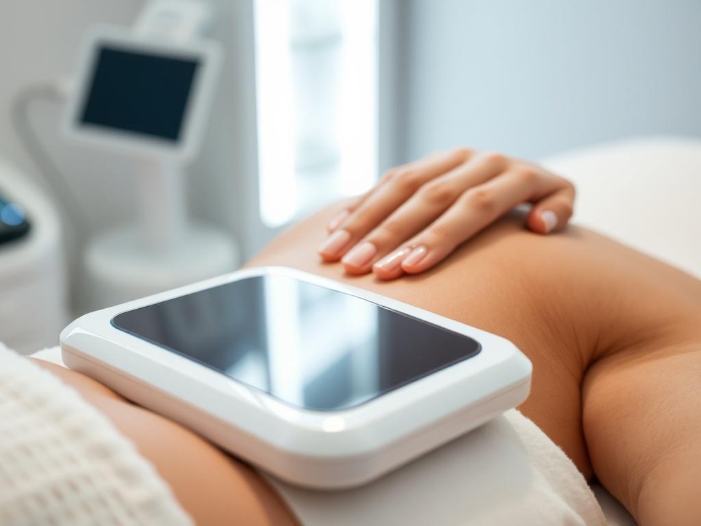 A hyper-realistic close-up shot of a flat cooling plate being applied to a client's skin during a cryolipolysis treatment. The setting should be a modern, clean med-spa environment with soft lighting. The focus should be on the cooling plate in contact with the skin, showcasing the treatment's gentle nature. The background should be softly blurred to emphasize the product and ensure a professional, serene atmosphere.