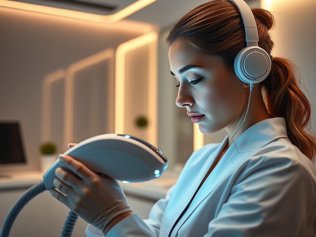 A close-up shot of a professional aesthetician using advanced medical equipment in a modern med-spa setting. The aesthetician is focused and engaged, showcasing a high-tech laser device. The background features sleek, clean lines of the med-spa interior with soft, warm lighting, emphasizing a calming and professional atmosphere. The image should convey a sense of expertise and innovation, with a focus on the high-quality equipment used in aesthetic treatments.