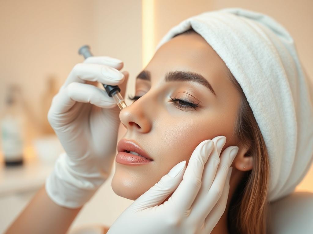 A close-up shot of a skincare professional applying a skin booster treatment to a client's face. The professional is using a syringe with a clear serum, focusing on the cheek area. The background is softly blurred, showcasing a clean and modern med-spa environment, with soft, warm lighting that enhances the inviting atmosphere. The primary color theme features shades of gold and cream, reflecting the RGB(193, 153, 87) palette.