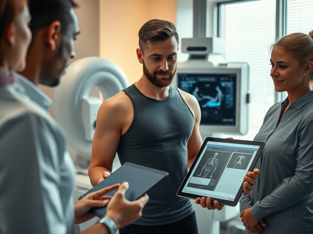 A hyper-realistic close-up shot of a professional trainer demonstrating body composition analysis to a med-spa team. The setting should be a well-lit clinic with advanced diagnostic equipment in the background. The focus should be on the trainer, who is engaging with attentive team members, showcasing the analysis results on a tablet. The image should reflect professionalism and a collaborative environment, with warm colors that align with the rgb(193, 153, 87) primary color.
