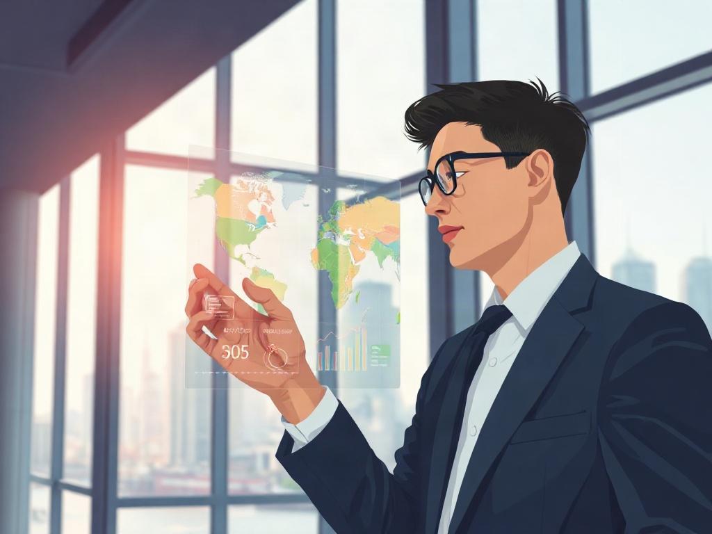Create a high-quality illustration featuring a central figure, a business professional, intently analyzing geospatial data on a transparent digital screen. The subject should appear focused and confident, dressed in smart business attire, symbolizing leadership and innovation. The digital screen displays colorful maps, graphs, and data points, showcasing the power of geospatial analytics in driving informed decision-making for enterprises.

The background should be a sleek, modern office space with large wi