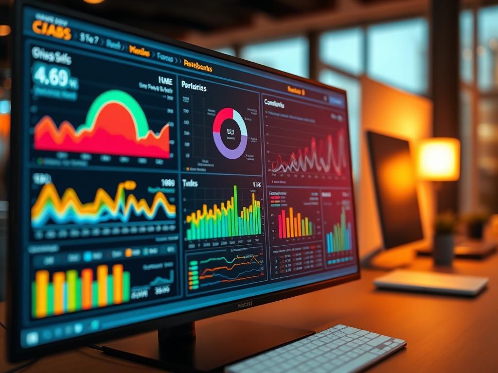 A stunning high-resolution close-up shot of a digital dashboard displaying vibrant data visualizations, such as charts and graphs. The dashboard should be set in a modern workspace, emphasizing clarity and detail in the visual elements. The background should be subtly blurred to keep the focus on the dashboard, with warm lighting that enhances the colors. The overall color scheme should align with rgb(2, 86, 197).