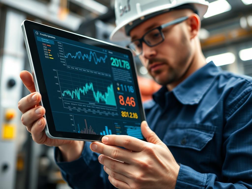 A hyper-realistic close-up shot of an engineer analyzing predictive modeling results on a tablet. The focus should be on the tablet screen displaying complex data trends and forecasts, while the engineer is in a well-lit industrial environment. The background should feature machinery or infrastructure elements to reflect the industry context. Emphasize clarity and detail in the tablet display, with the primary color scheme incorporating rgb(2, 86, 197).
