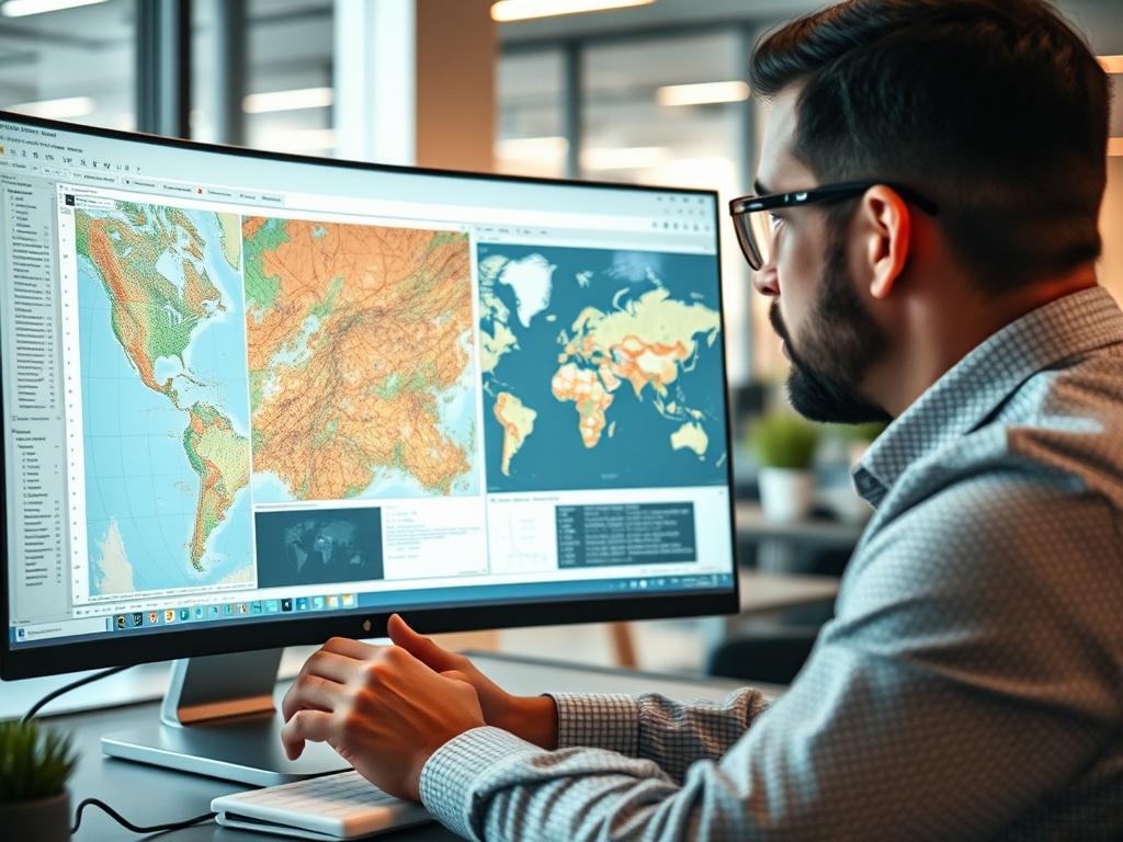 A high-resolution close-up image of a geospatial analyst working on a GIS software, with detailed maps and spatial data visualizations displayed on the screen. The environment is a modern office setting, emphasizing the high-tech aspect of geospatial analysis. Shot with a 45mm f/1.2 lens to highlight the clarity and detail of the screen.