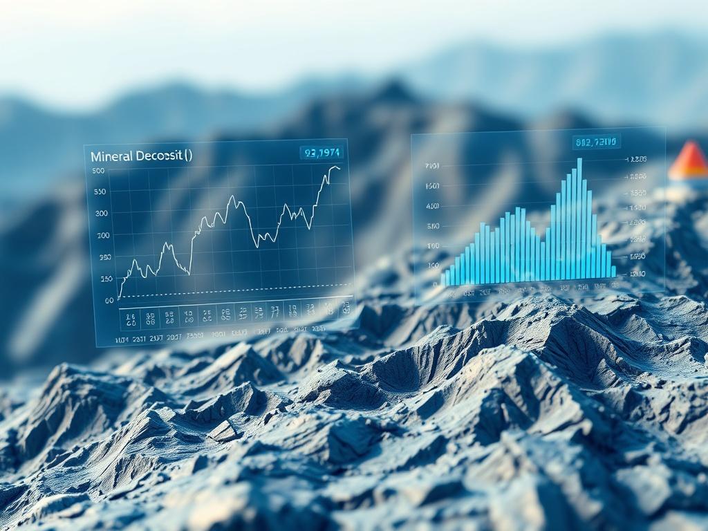 A hyper-realistic close-up shot of a high-tech digital interface displaying machine learning graphs and mineral deposit data overlaid on a 3D terrain model. The background features a blurred landscape of rugged terrain, representing mining sites. The color scheme prominently features shades of blue, compatible with rgb(2, 86, 197). The image should evoke a sense of advanced technology and precision in data analysis.