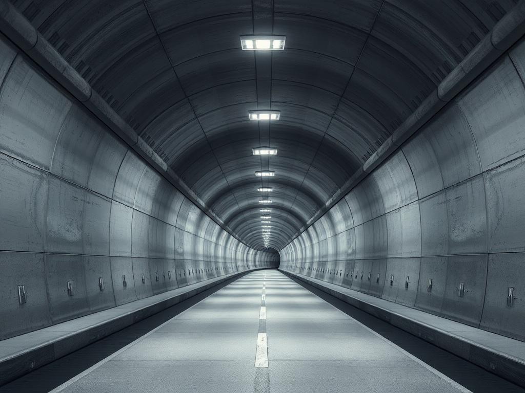 A hyper-realistic, high-resolution close-up shot of a modern tunnel interior, showcasing sleek concrete walls with subtle lighting effects that highlight the structural design. The tunnel should appear clean and well-maintained, with a smooth, paved floor and an inviting atmosphere. The focus should be on the architectural elements, capturing the depth and perspective of the tunnel. The background should be softly blurred to emphasize the tunnel's features, while maintaining a color palette compatible with 