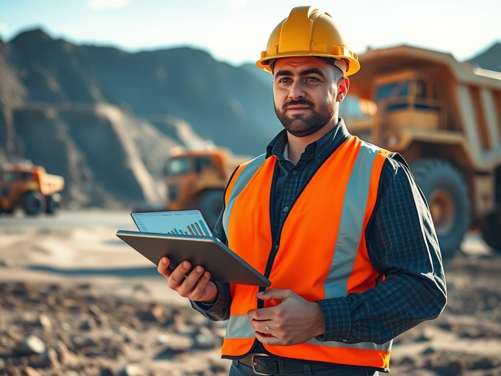 Prompt for AI Image Generation:

Create a realistic high-resolution photo that encapsulates the theme "Maximizing Data Utilization in Mining." The composition should focus on a single subject—a mining engineer standing in a vast, open-pit mining site. The engineer, dressed in a high-visibility safety vest and hard hat, holds a tablet displaying data analytics related to ore extraction. The engineer's expression should convey concentration and determination, highlighting the importance of data in decision-ma