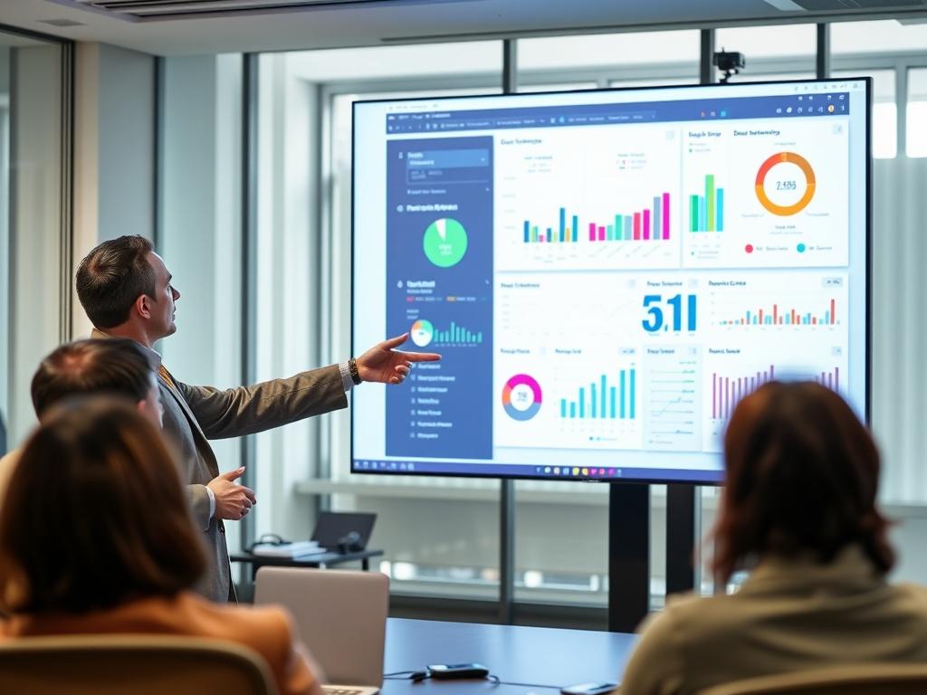 A hyper-realistic close-up shot of a data visualization expert presenting a colorful and intricate dashboard on a large screen. The dashboard features various charts and infographics, capturing the viewer's attention with its design. The expert stands confidently, pointing at key elements on the screen while engaging an audience. The background is a modern conference room, softly blurred to keep the focus on the interaction between the expert and the data. This image should illustrate the clarity and appeal