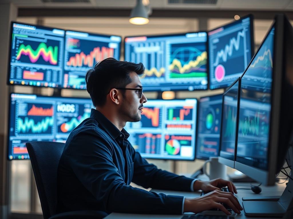 A hyper-realistic close-up shot of a data analyst working on a computer, surrounded by multiple screens displaying colorful graphs and data visualizations. The lighting is bright and focused, highlighting the analyst's concentration and the intricate details of the screens. The background is softly blurred, drawing attention to the subject and their work environment. The image should evoke a sense of professionalism and innovation, capturing the essence of data analysis.