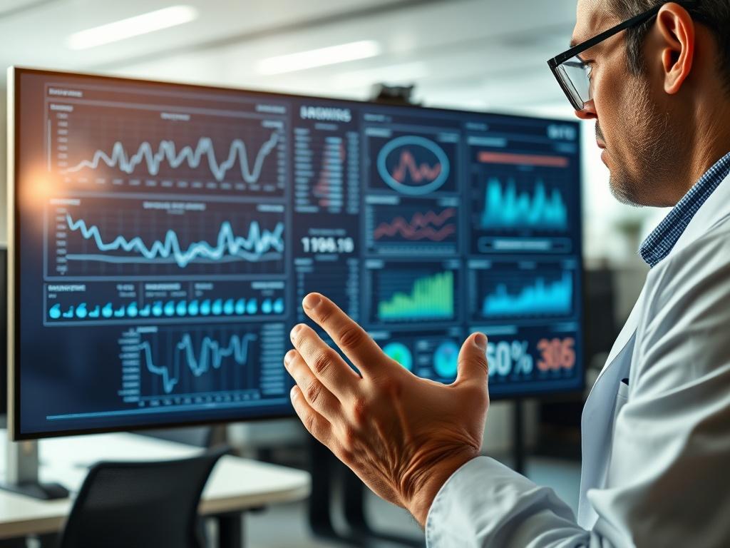 A hyper-realistic close-up shot of a data scientist analyzing predictive models on a high-resolution screen. The screen displays complex graphs and charts, with the scientist's hands gesturing as they explain the findings. The background features a modern office setting, with soft lighting that enhances the focus on the data and the scientist's expression of insight. This image should convey the sophistication and forward-thinking nature of predictive modeling.