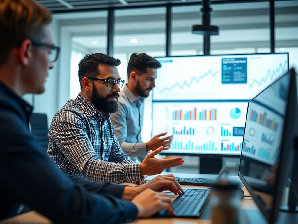 A close-up shot of a team of professionals collaborating over a predictive model displayed on a computer screen. The setting is a modern conference room with a large screen showing graphs and analytics. The individuals should appear engaged and focused, discussing insights, with a backdrop that conveys a sense of teamwork and innovation.