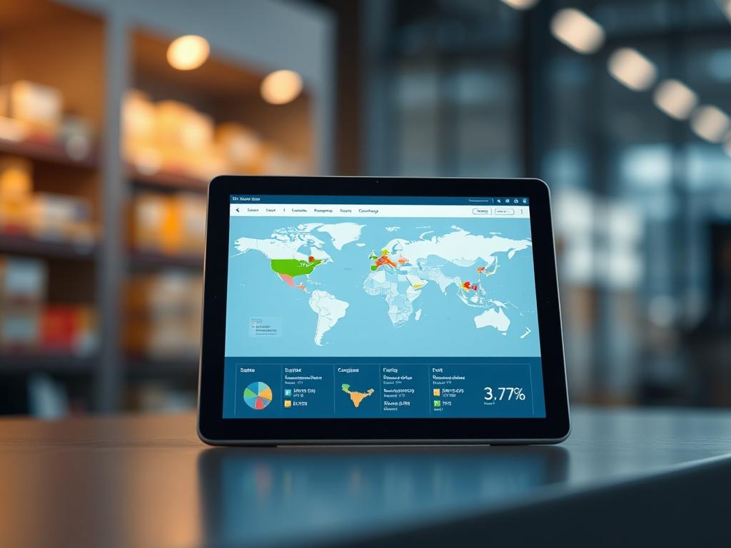 A hyper-realistic close-up shot of a modern digital platform interface displayed on a sleek tablet. The screen shows an interactive map with various supply chain partners marked in different colors, indicating their locations and the goods they produce. The background is softly blurred to emphasize the tablet and interface, with a subtle gradient that complements the primary color rgb(2, 86, 197). The lighting should be bright and inviting, showcasing the technology in a professional and engaging manner.