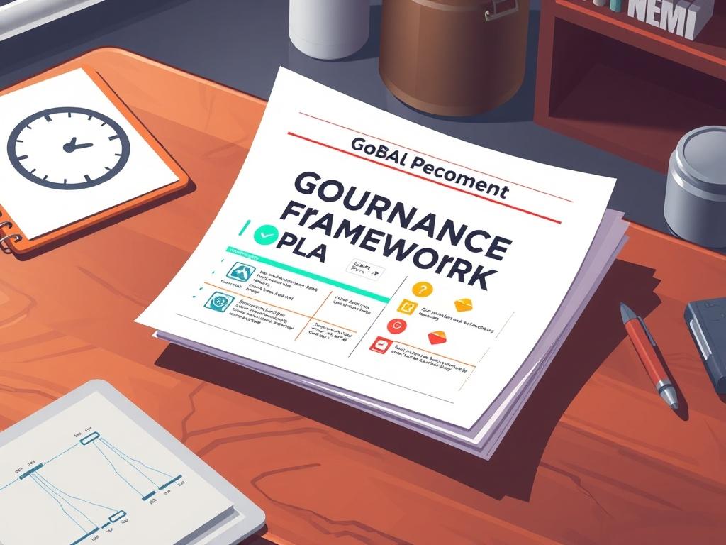A visually appealing illustration of a governance framework document with charts and checklists, placed on a polished industrial-style desk, signifying organization and strategy.