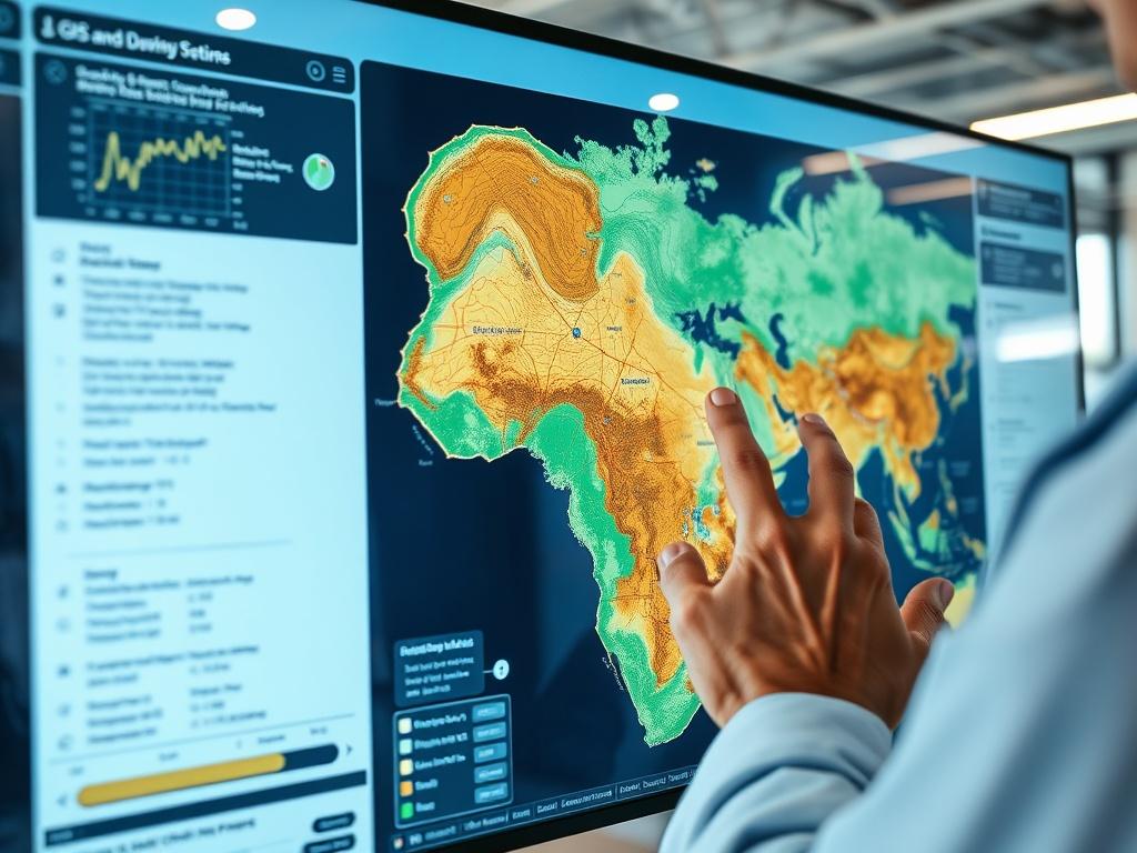 A high-resolution close-up shot of a GIS (Geographic Information System) specialist analyzing a digital map on a large screen. The map displays various layers of data including spatial, geological, infrastructure, biodiversity, and indigenous data. The background shows a modern office environment with subtle elements of nature and technology, reflecting a blend of data science and environmental awareness. The focus is on the specialist's hands interacting with the touchscreen, highlighting the integration o