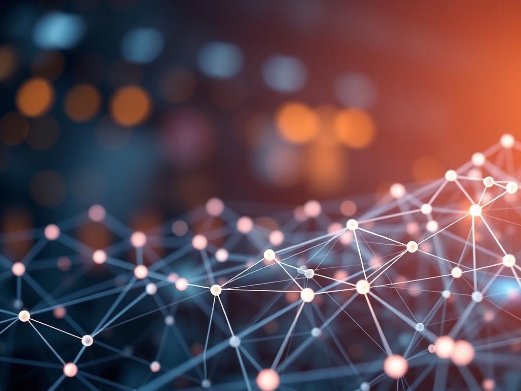 A realistic high-resolution photo showcasing a detailed close-up of a modern infrastructure network. The image should focus on a complex arrangement of interconnected data lines and nodes symbolizing connectivity and data flow. The background should be softly blurred to emphasize the intricate details of the network, and the overall color harmony should align with the rgb(2, 86, 197) primary color. The composition should be simple and clear, highlighting only the infrastructure network as the sole subject.