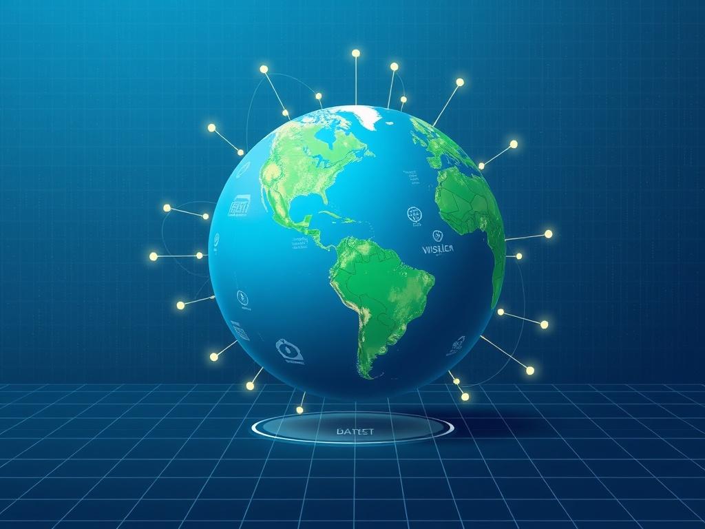 **Prompt for AI Image Generator:**

Create a high-quality industrial-style illustration featuring a solitary, large globe at the center of the composition. The globe should be predominantly blue and green, representing Earth, with highlighted regions that showcase urban and rural landscapes, signifying the integration of geospatial analytics. 

Around the globe, there should be visual representations of data streams: thin, illuminated lines of light connecting various locations on the globe, symbolizing the