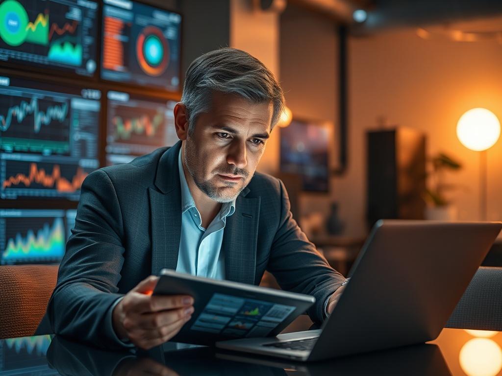 **Prompt:**

Create a realistic high-resolution photo that embodies the theme "Harnessing Data for Strategic Decision-Making" in the context of the mining and energy sectors. The image should feature a close-up shot of a focused professional (a data analyst or strategist) working intently at a sleek, modern office desk. The subject should be a middle-aged Caucasian male or female, wearing a smart-casual outfit, thoughtfully reviewing digital data on a tablet or laptop. 

The background should be softly blur