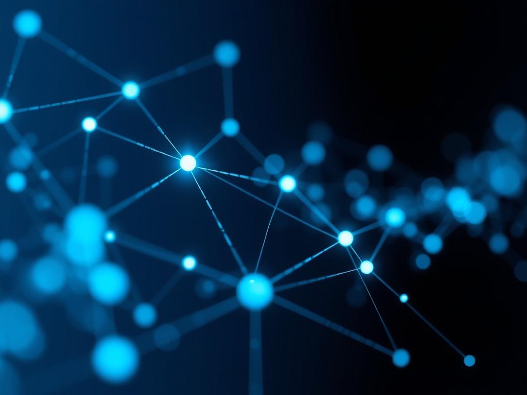A high-resolution close-up shot of interconnected data points representing assets in the mining and energy industries. The background should be a subtle gradient that enhances the clarity of the data points, which are represented as glowing dots in various shades of blue. The composition should focus solely on the connections between the dots, showcasing how they form a network that illustrates the integration of data and insights. The image should evoke a sense of advanced technology and clarity, shot with