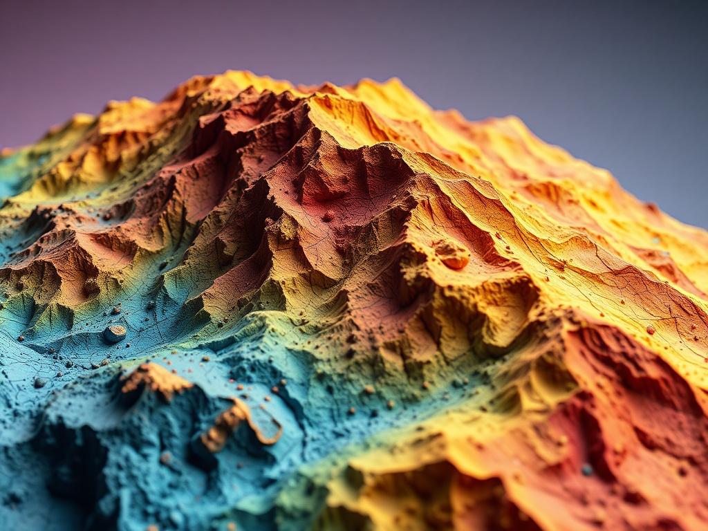 A hyper-realistic close-up shot of a detailed terrain data visualization showing mineral deposits. The image features vibrant colors representing different minerals, with clear contour lines and textures that illustrate the topography. The background is a soft gradient that enhances the focus on the terrain map, making it visually striking and informative. The image should be rendered in a style compatible with the rgb(2, 86, 197) primary color.