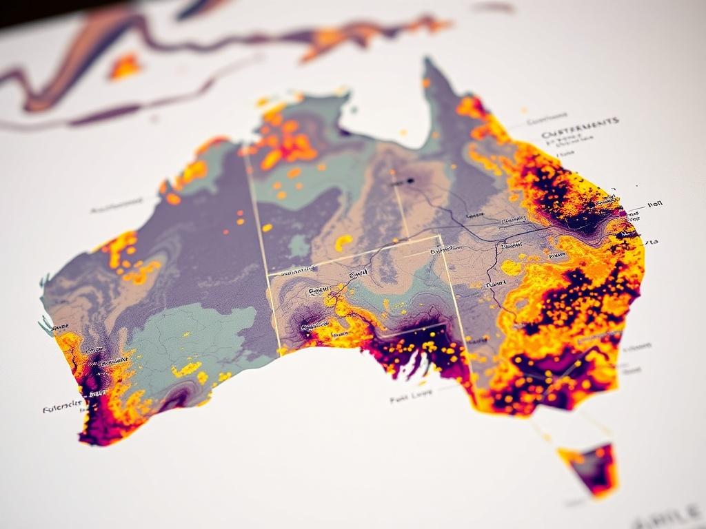 A hyper-realistic close-up shot of a digital map displaying Australian mineral deposits, tenements, and energy lines integrated into one platform. The map should showcase clear, vibrant colors to highlight the different elements, with a focus on the intricate details of the data points. The background should be soft and neutral to emphasize the map itself. The image should be shot with a 45mm f/1.2 lens to achieve a shallow depth of field, ensuring the map is the main focal point.