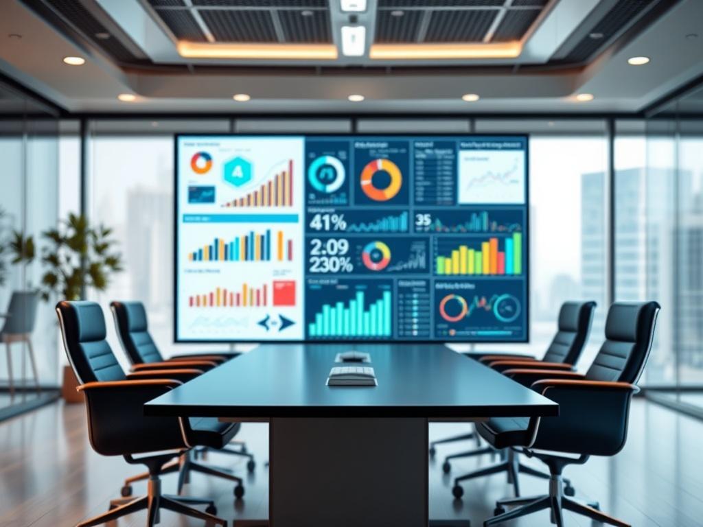 An eye-catching infographic displayed on a digital screen, showcasing various data visualizations such as charts and graphs. The setting should be a modern conference room with a sleek design and bright lighting. The composition should focus on the screen, highlighting the intricate details of the visuals while maintaining a professional atmosphere. Incorporate the RGB(2, 86, 197) primary color into the visual elements for a unified branding experience.