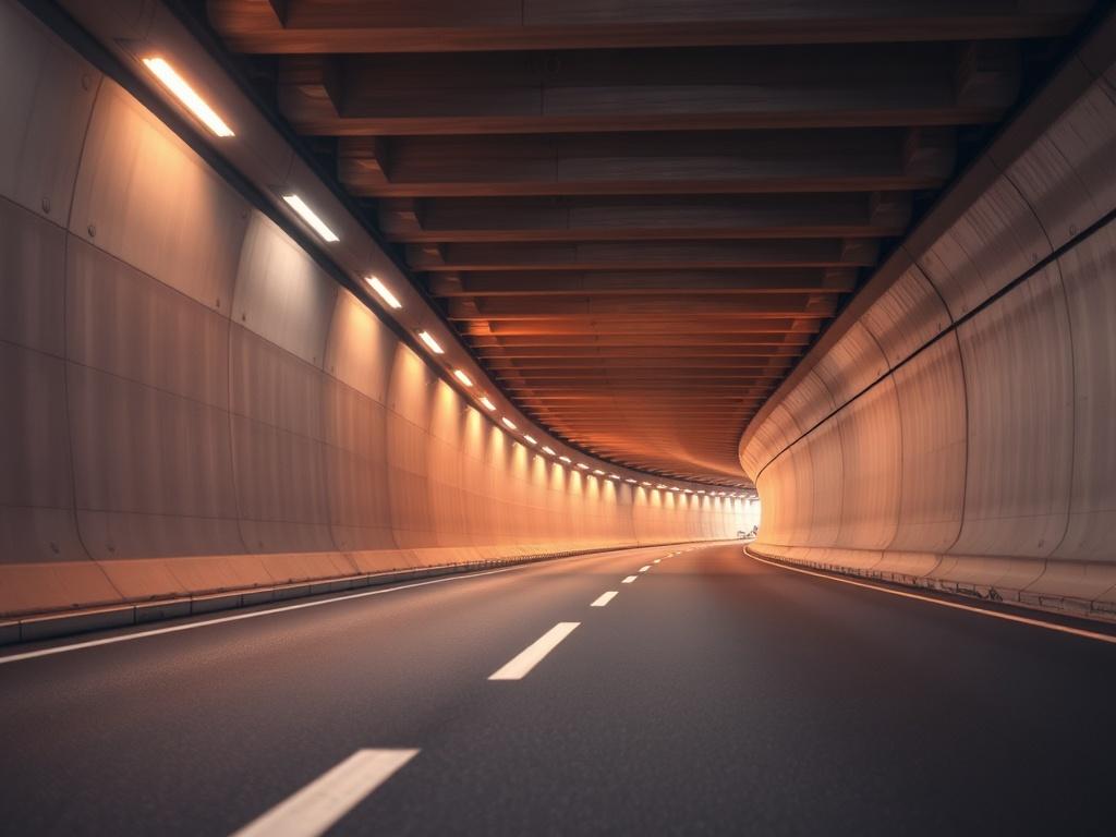 A close-up shot of a modern tunnel asset, showcasing intricate engineering details such as reinforced concrete walls, illuminated tunnel lights, and a smooth, well-maintained road surface. The background should be slightly blurred to emphasize the tunnel's architecture, giving a sense of depth. The image should capture the essence of infrastructure excellence in a realistic high-resolution style, with vibrant colors that complement the primary color rgb(2, 86, 197).