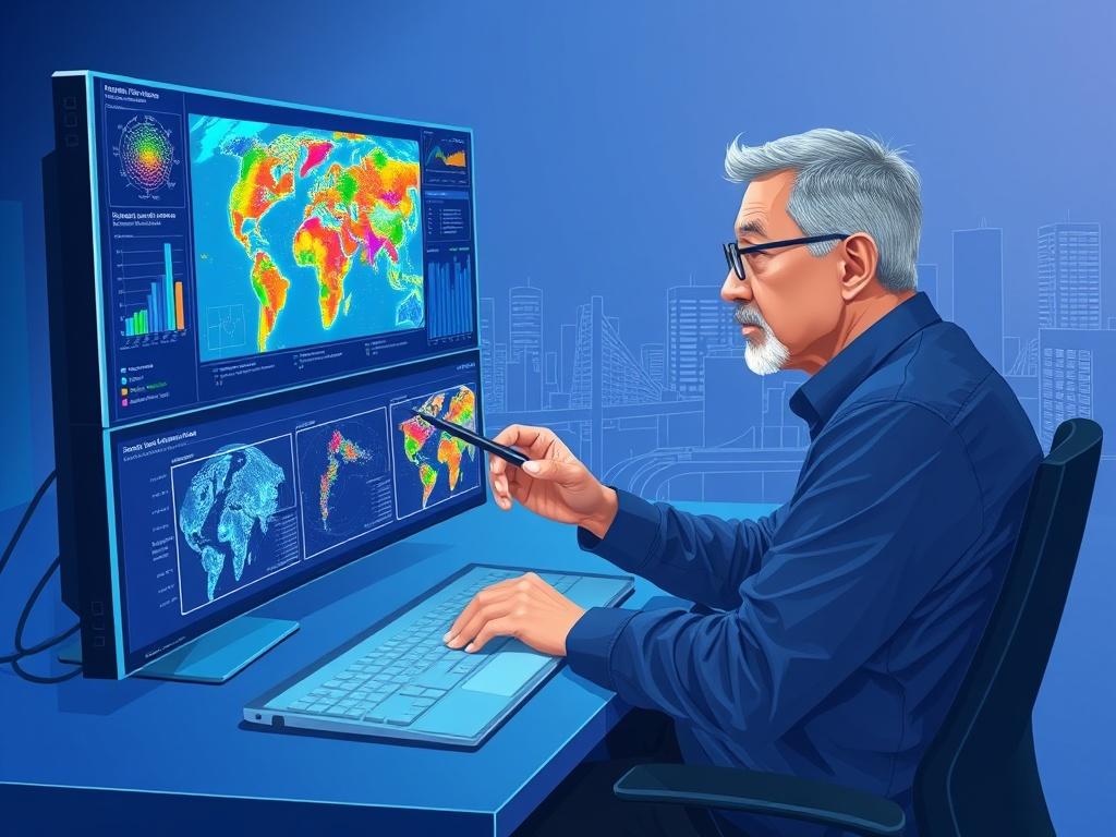 Create a high-quality illustration capturing the concept of "Leveraging Geospatial Analytics for Smart Decision-Making." The image should feature a single, prominent subject: a focused analyst sitting at a sleek, modern workstation, engaged with a digital interface displaying vivid geospatial data maps and analytics. 

The analyst, a middle-aged individual with an expression of concentration, should be portrayed using a stylus to interact with the interactive screen, showcasing various colorful layers of ge