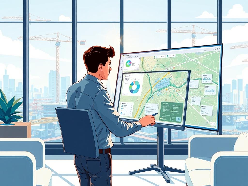 Create a high-quality illustration that captures the essence of "Harnessing Geospatial Analytics for Infrastructure Planning." The composition should feature a single, central subject: a skilled data analyst intently studying a large, detailed digital map displaying various geospatial data points, charts, and overlays. The analyst should be depicted in a modern office environment, with dual computer screens showcasing visual analytics and infrastructure schematics. 

In the background, include a large windo