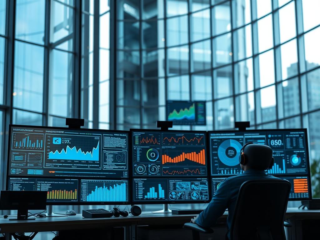 **AI Image Generator Prompt:**

Create a highly detailed, realistic high-resolution image that embodies the concept of "Accelerating Concession: Network TCO Reduction." Focus on a single subject in the foreground: an innovative, futuristic control center featuring state-of-the-art technology and multiple screens displaying intricate data visualizations. The control center should symbolize data science in action, with graphs, charts, and dashboards showcasing historical, operational, and spatial data related