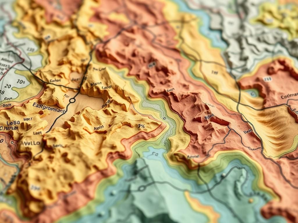 A high-resolution close-up shot of a geological survey map, showcasing detailed mineral deposit information. The map should display varying colors representing different minerals, with depth information clearly marked. Include symbols or icons indicating elemental composition percentages for various minerals. The background should be simple, with a focus on the map as the main subject, rendered in a hyper-realistic style, shot with a 45mm f/1.2 lens. The colors should align with rgb(2, 86, 197) to create a 