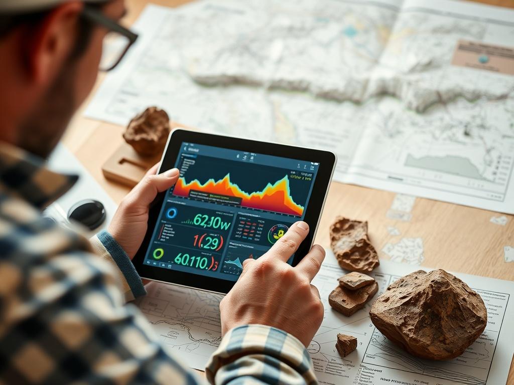 A close-up shot of a geologist analyzing geological data on a digital tablet, surrounded by topographic maps and geological samples. The focus is on the tablet screen displaying colorful data visualizations and predictive models. The background is softly blurred, emphasizing the data analysis while showcasing the professionalism of a modern exploration team. The lighting is bright and inviting, with an overall color scheme that aligns with rgb(2, 86, 197).