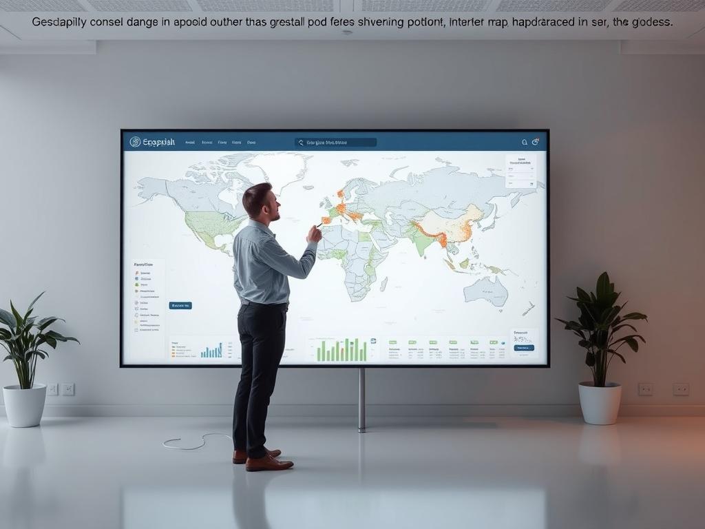 An expert geospatial analyst standing in front of a large interactive map display, showcasing detailed geographic data visualizations. The background features a clean, modern office environment with a focus on the map interface. The analyst is engaging with the data, pointing out specific areas of interest with a stylus. The color scheme is minimalistic with an emphasis on neutral tones, while incorporating the primary color rgb(2, 86, 197) for highlights.