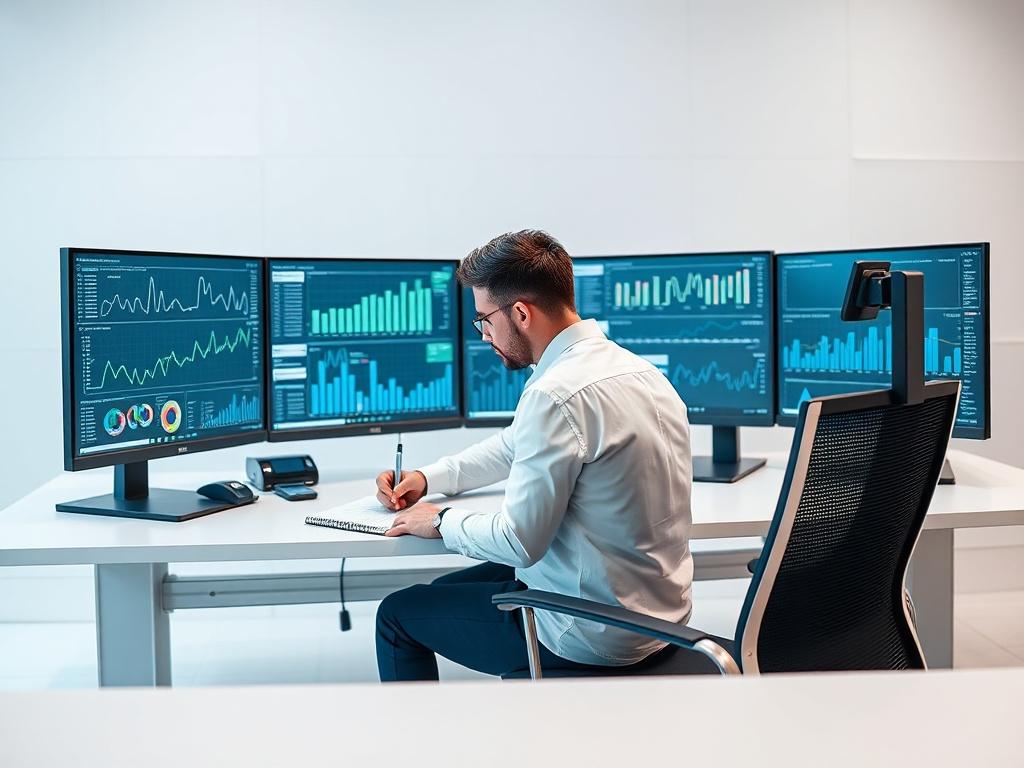 A professional data analyst sitting at a sleek, modern desk, surrounded by multiple high-resolution monitors displaying complex data visualizations and graphs. The background features a minimalistic office environment with clean lines and a bright atmosphere. The focus is on the analyst engaged in deep concentration, analyzing data while jotting down notes on a notepad. The color palette is simple, incorporating shades of white, grey, and the primary color rgb(2, 86, 197) for accents.