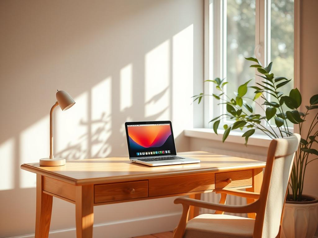 A serene workspace featuring a single, beautifully crafted wooden desk