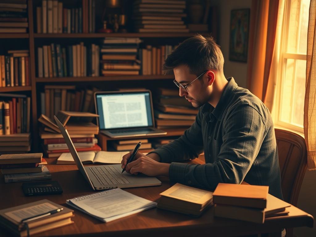 A high resolution image of a writer immersed in crafting