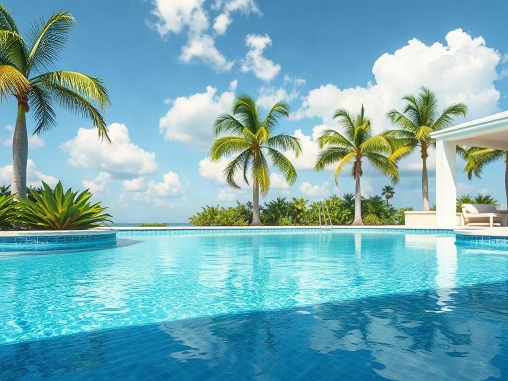 **Prompt for AI Image Generation:**

Create a hyper-realistic high-resolution photo that captures the essence of pool resurfacing in Florida. The composition should be simple and clear, featuring a single subject—a beautifully resurfaced swimming pool that radiates freshness and modern aesthetics. The pool should showcase a vibrant, smooth finish with rich blue tones, reflecting the bright Florida sun above.

In the background, depict a serene South Florida setting, including lush tropical plants and palm t