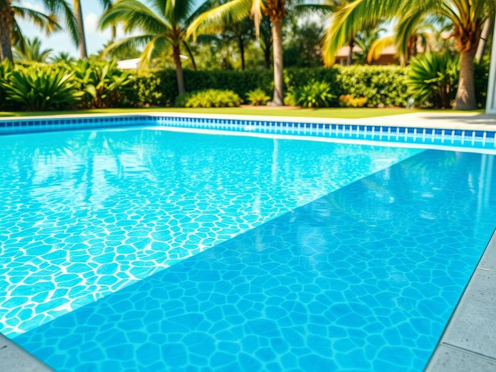 Create a realistic high-resolution image that visually communicates the theme of "Benefits of Pool Resurfacing." The composition should be simple and clear, focusing on a beautifully resurfaced swimming pool as the sole subject. 

The pool should showcase a vibrant, sparkling blue water surface reflecting sunlight, with smooth, newly applied tiles around the edges that exude a sense of freshness and modernity. The tiles should have a slight shimmer, displaying shades of blue and white with clean lines for a